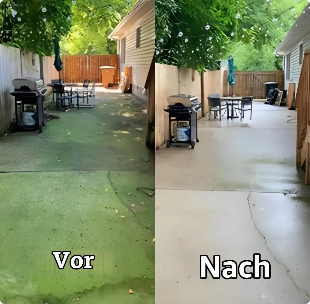 Vorher-Nachher Vergleich einer Terrasse, gereinigt mit der Jetterix Hochdruckdüse